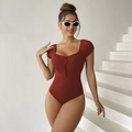 Detail of burgundy ribbed bodysuit featuring front zipper and elegant square neckline - S / Burgundy