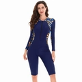 Dettaglio del costume a maniche lunghe con inserti leopardati e zip sul davanti - XS / Blu