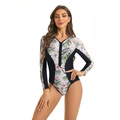 Floral long sleeve swimsuit detail with tropical print and black slimming side panels - S / White Green Leaf