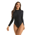 Close-up of black long-sleeve swimsuit featuring a front zipper and a high-neck collar - S / Black