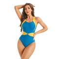Front view of blue athletic one-piece swimsuit with yellow waist shaping contrast panels - S / Lake Blue + Yellow