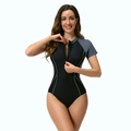 Costume da bagno intero a maniche corte con zip frontale e inserti grigi - S / Nero