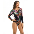 Detailed front view of long sleeve floral surf swimsuit with black zipper closure - S / Black with Pink Floral