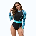 Dettagli con stampa tropicale e zip frontale su questo costume da bagno da surf a maniche lunghe - XS / Blu