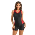 Costume intero sportivo da donna con zip frontale e design a contrasto nero e rosso - S / Nero Rosso
