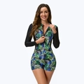 Dettaglio costume da bagno intero a maniche lunghe con stampa tropicale e zip frontale - XS / Nero