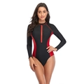 Front detail of long sleeve black and red contrast surfboard swimsuit with front zipper - S / Red