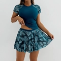 Two-piece dark teal short sleeve swim dress with floral print and high-stretch fabric - Teal