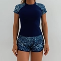 Women's two-piece floral tankini swim set with short sleeves and athletic shorts - Navy Blue Leaf