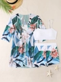 Set bikini bianco con stampa floreale tropicale, slip a vita alta e copricostume coordinato - S / Blu