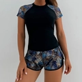 Women sport two-piece tankini set with short sleeves and abstract floral print - Coffee Leaf
