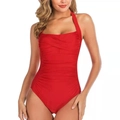 Sexy red halter one-piece swimsuit for women with ruched tummy control design on white background - S / Red