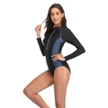 Detail of long sleeve surfing swimsuit featuring front zipper and contrast side panels - S / Navy Blue