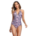 Detail of tropical leaf print and ruched waist on a pink plunging V-neck swimsuit - Pink Leaf