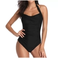 Sexy black ruched one-piece swimsuit with halter neck and cross front design for women - Black