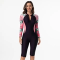 Close-up of floral print sleeves and front zipper on black long-sleeve surf swimsuit - XS / 1102 Black + Pink Flower