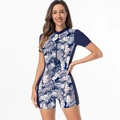 Detailed close-up of short-sleeved diving swimsuit featuring tropical palm leaf prints - XS / Pink Palm Leaf