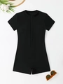 Women's black short sleeve one-piece swimsuit with front zipper and sporty boyleg design - S / Black