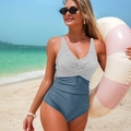 Detail of striped V-neck one-piece swimsuit with side ruching and slimming effect - S / Teal