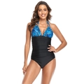 Women's halter neck one-piece swimsuit with blue marble print and black tummy control - Deep Blue Flower