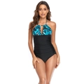 One-piece halter swimsuit with tropical print, teardrop cutout and side ruching - Light Blue Floral