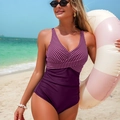 Women's deep purple one-piece swimsuit with striped V-neck and slimming side ruching - S / Burgundy