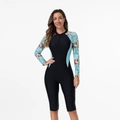 Women's long-sleeve floral surf swimsuit with blue side panels and front zipper - XS / 1052 Black + Orchid