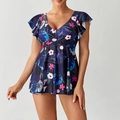 Détail de l'imprimé floral tropical sur maillot de bain bleu marine à manches volantées - Noir
