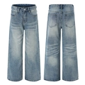 Vue avant et arrière du jean denim bleu clair à jambe large avec détails moustaches - S / Bleu