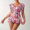 Haut de tankini floral à col en V avec manches à volants et taille plissée croisée - Rose