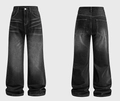 Jean noir délavé coupe large et droite unisexe avec détails de moustaches de lavage - S / Noir