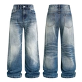 Jean ample rétro bleu foncé avec délavage prononcé et moustaches de style vintage - S / Bleu