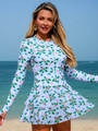 One-piece long sleeve floral surf swimsuit with zipper and ruffled skirt detail - S / Light Blue
