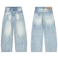 Lichtblauwe gewassen baggy jeans met gebogen pijpen, vintage finish en logo-patch - XS / Lichtblauw