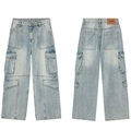 Jean cargo homme bleu clair délavé vintage avec de multiples poches à rabat - XS / Bleu clair