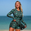 One-piece long-sleeved floral swimsuit surf suit with zipper and ruffled skirt - S / Black