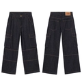 Dark blue loose-fit cargo jeans with multiple pockets and vintage denim texture - XS / Denim Blue