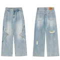 Light blue wide-leg jeans with star cutouts and metal rivet details in casual street style - XS / Blue