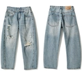 Men's light blue distressed straight leg jeans with ripped knees and vintage wash - 3XL / Light Blue