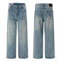 High street light blue straight leg denim jeans with vintage washed finish for men and women - XS / Light Blue