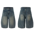 Bermuda en jean bleu délavé vintage avec moustaches usées et coutures de jambes incurvées - S / Bleu Vintage