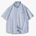 Men's relaxed fit short sleeve shirt featuring classic blue and white vertical stripes - Gray