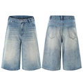 Men's light blue washed denim shorts featuring vintage cat whiskers and a loose fit - S / Light Blue