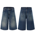 Men's loose fit deep blue denim shorts with distressed whiskers and raw hem design - S / Dark Blue