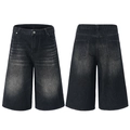 Loose fit dark wash denim shorts with cat-whisker texture and wide-leg design - S / Black and Gray