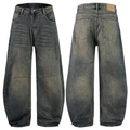 Vintage Denim Jeans mit weitem Bein in Dunkelblau und spezieller Sandwaschung-Optik - M / Nostalgie Blau