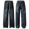 Men's retro wash denim wide-leg pants with elastic drawstring waist in dark blue - 3XL / Dark Blue