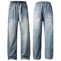 Hellblaue Wide-Leg-Waschjeans mit elastischem Kordelzugbund und geradem Schnitt-Design - 3XL / Nostalgie Blau