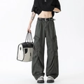 Retro houtskoolgrijze cargobroek met wijde pijpen, meerdere zakken en streetwear-stijl - S / Legergroen