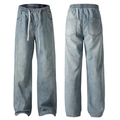 Men's light blue ice silk denim jeans with elastic drawstring waist and wide leg cut - 3XL / Light Blue